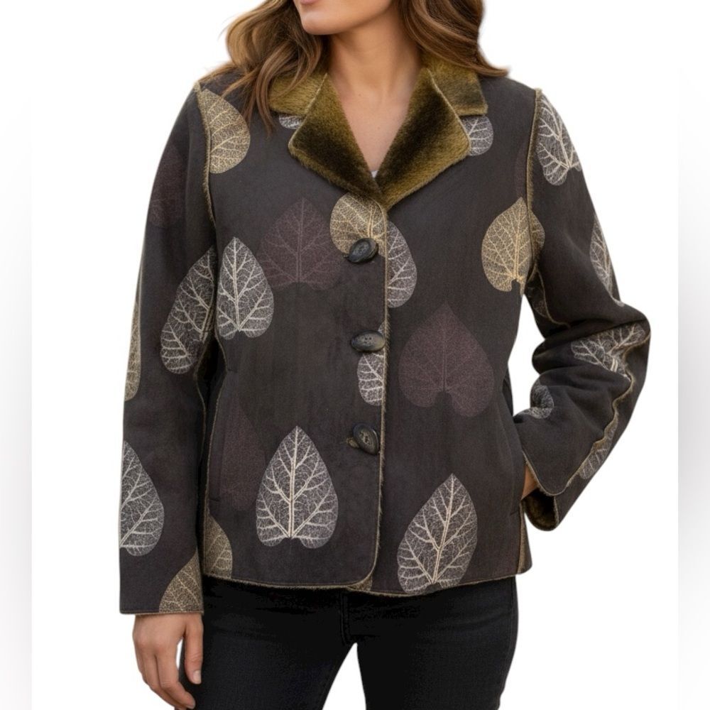 Robert Kitchen Canada Reversible Jacket Faux Fur Faux Suede Leaf Print W’s L - Picture 1 of 11
